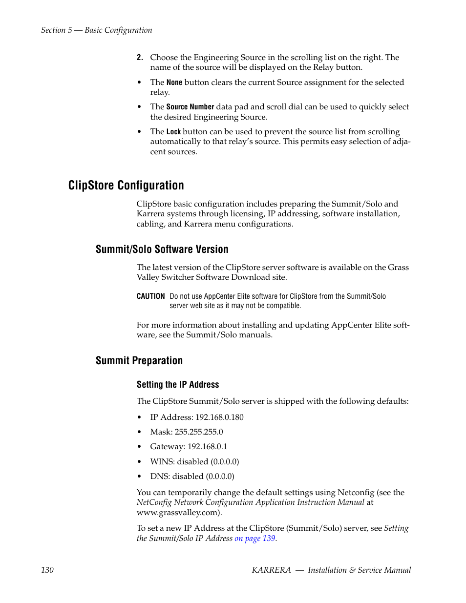 Clipstore configuration, Summit/solo software version, Summit preparation | Grass Valley Karrera Video Production Center Installation v.4.1 User Manual | Page 130 / 292