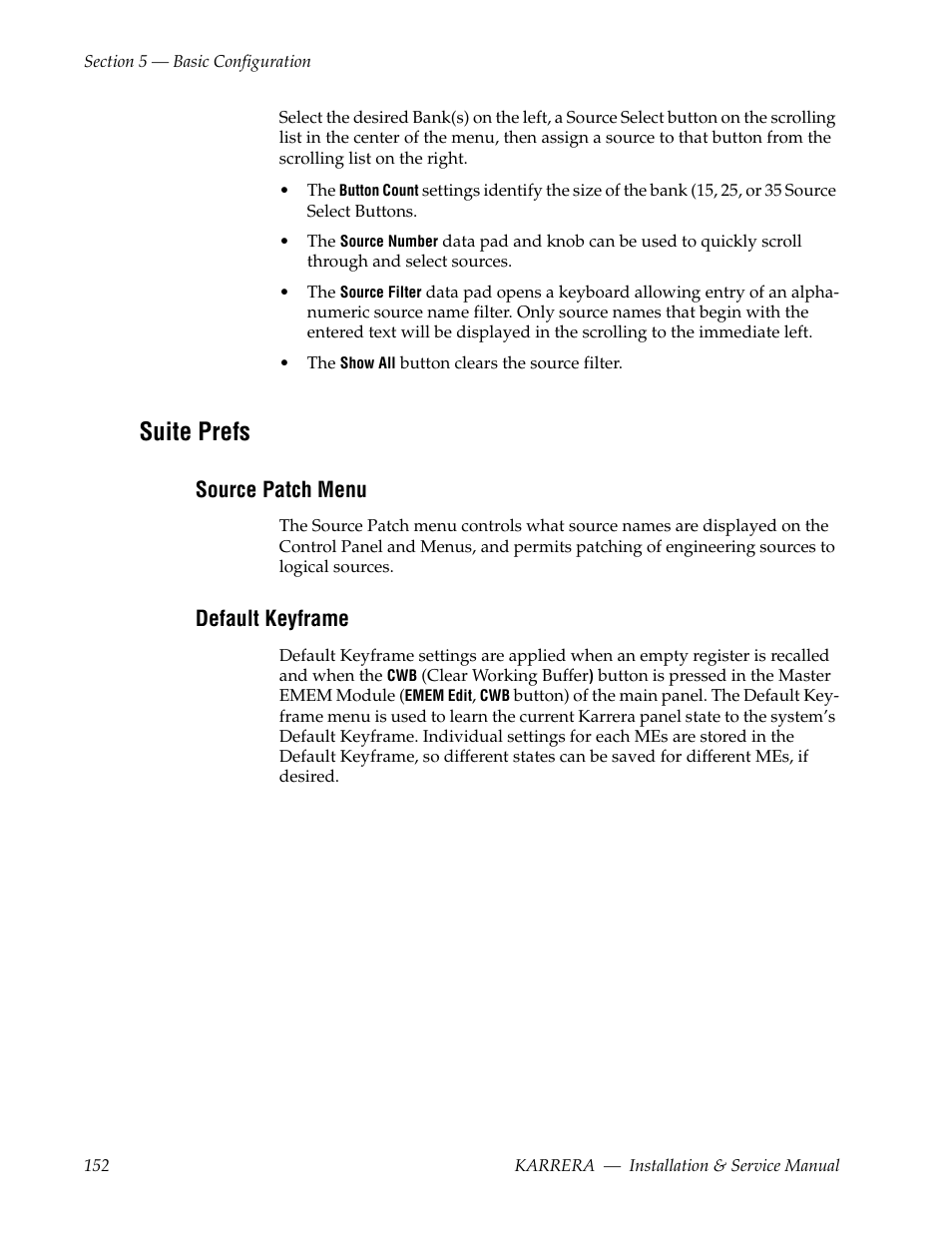 Suite prefs, Source patch menu, Default keyframe | Rame (see | Grass Valley Karrera Video Production Center Installation v.4.1 User Manual | Page 152 / 292