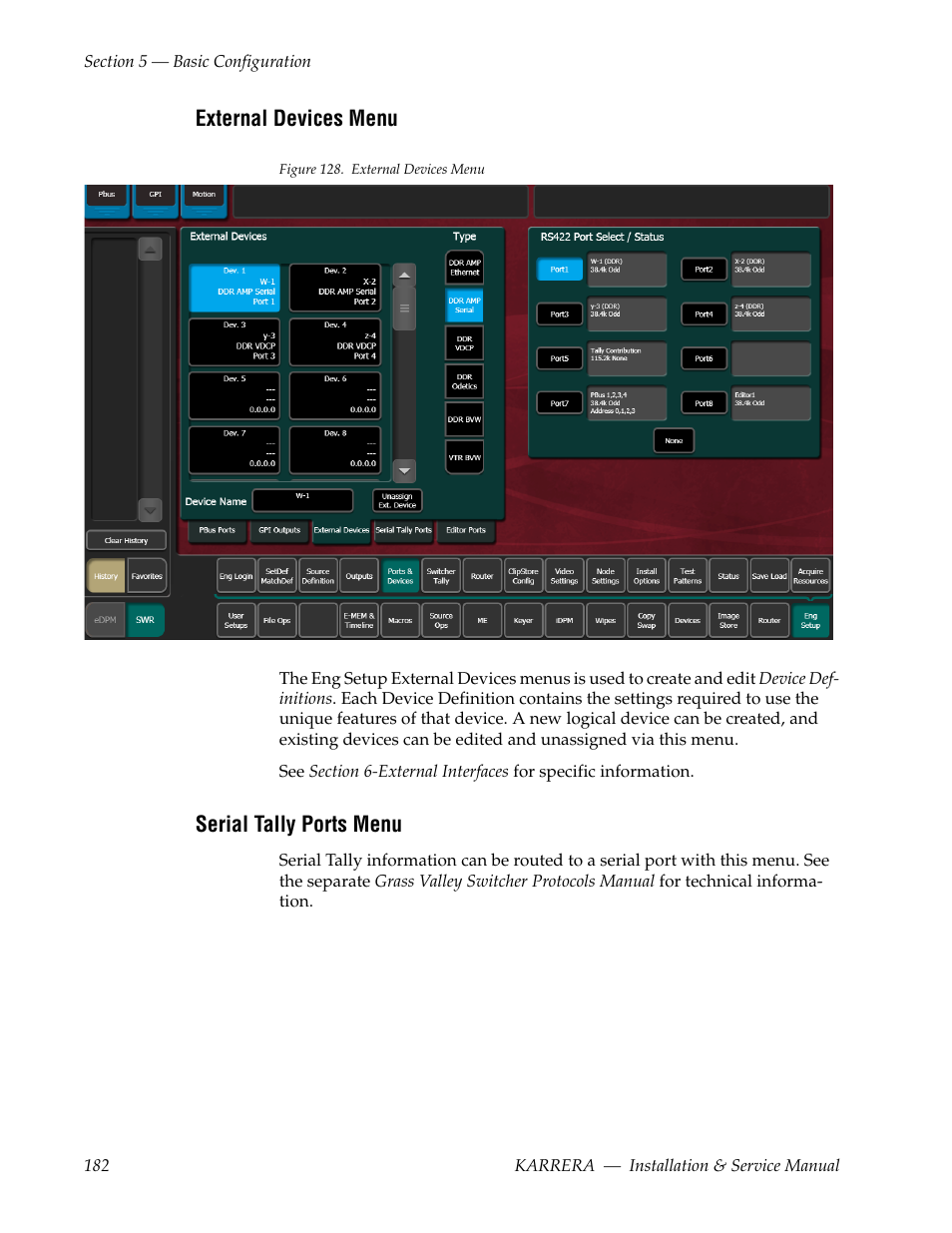 External devices menu, Serial tally ports menu | Grass Valley Karrera Video Production Center Installation v.4.1 User Manual | Page 182 / 292