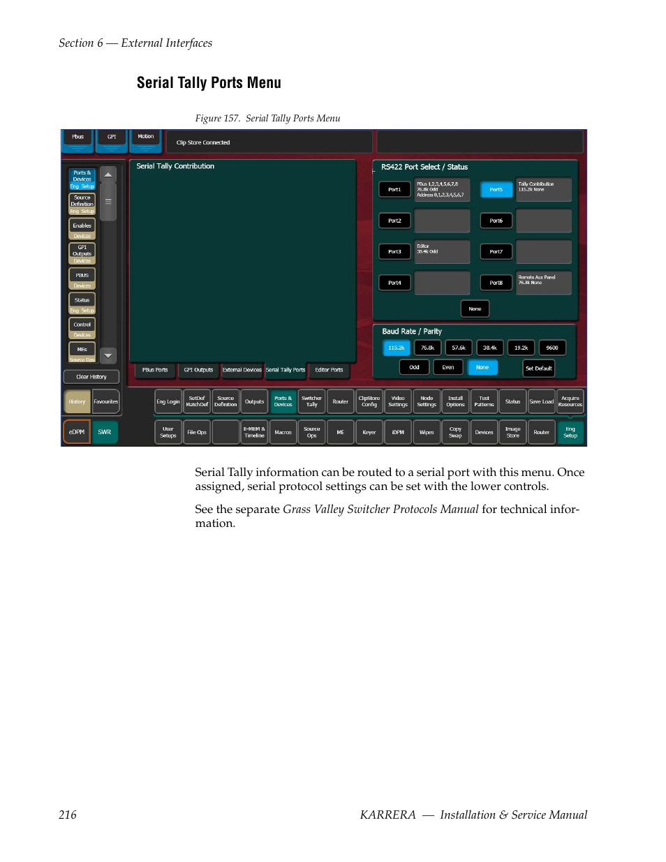 Serial tally ports menu | Grass Valley Karrera Video Production Center Installation v.4.1 User Manual | Page 216 / 292