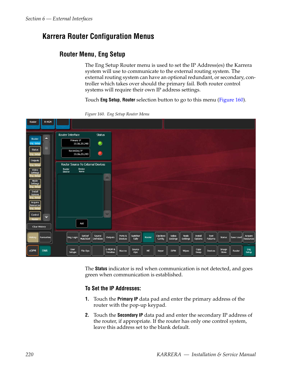 Karrera router configuration menus, Router menu, eng setup | Grass Valley Karrera Video Production Center Installation v.4.1 User Manual | Page 220 / 292