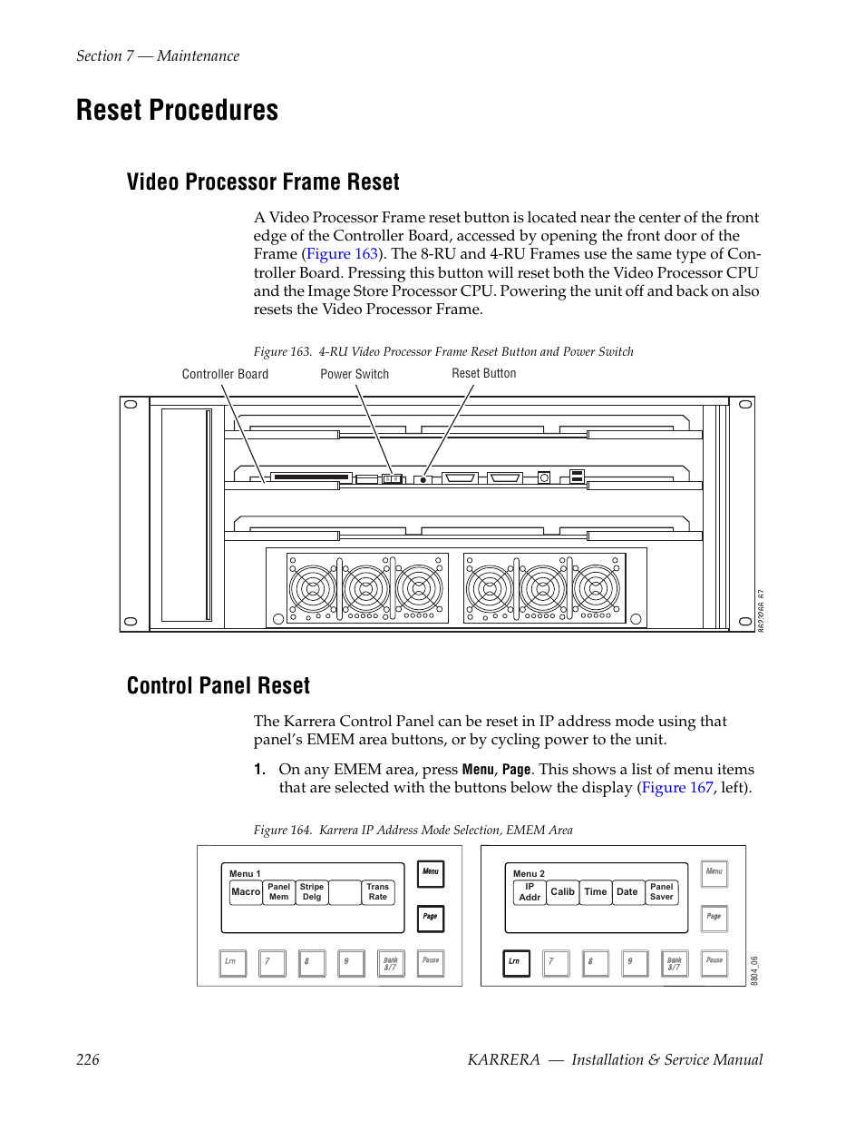 Reset procedures, Video processor frame reset, Control panel reset | Device. see reset procedures, For details, On any emem area, press | Grass Valley Karrera Video Production Center Installation v.4.1 User Manual | Page 226 / 292