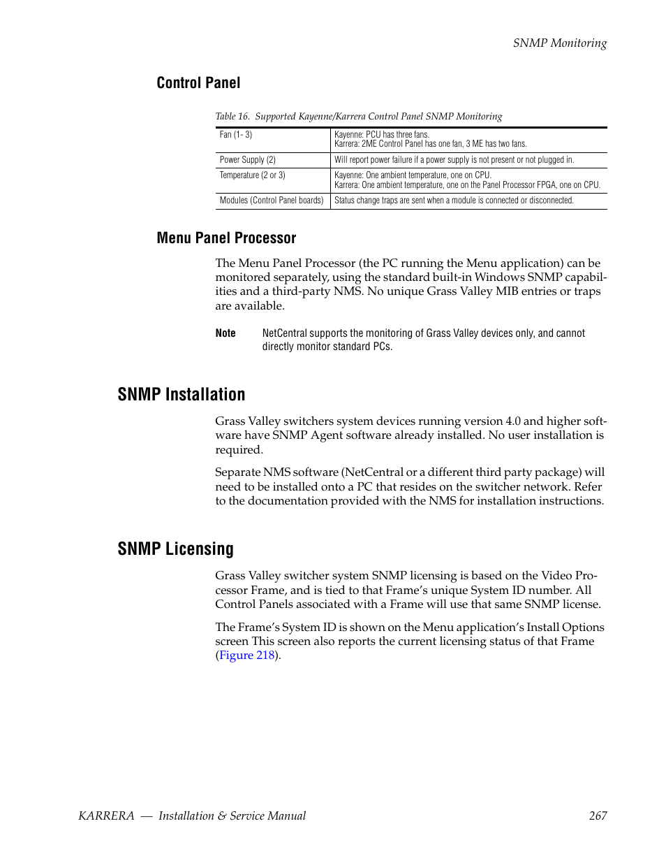 Control panel, Menu panel processor, Snmp installation | Snmp licensing, Control panel menu panel processor | Grass Valley Karrera Video Production Center Installation v.4.1 User Manual | Page 267 / 292