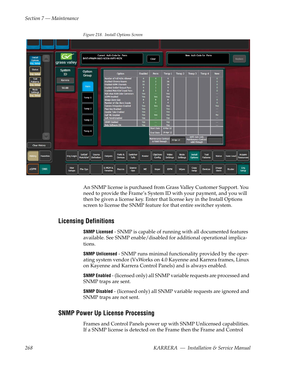 Licensing definitions, Snmp power up license processing | Grass Valley Karrera Video Production Center Installation v.4.1 User Manual | Page 268 / 292