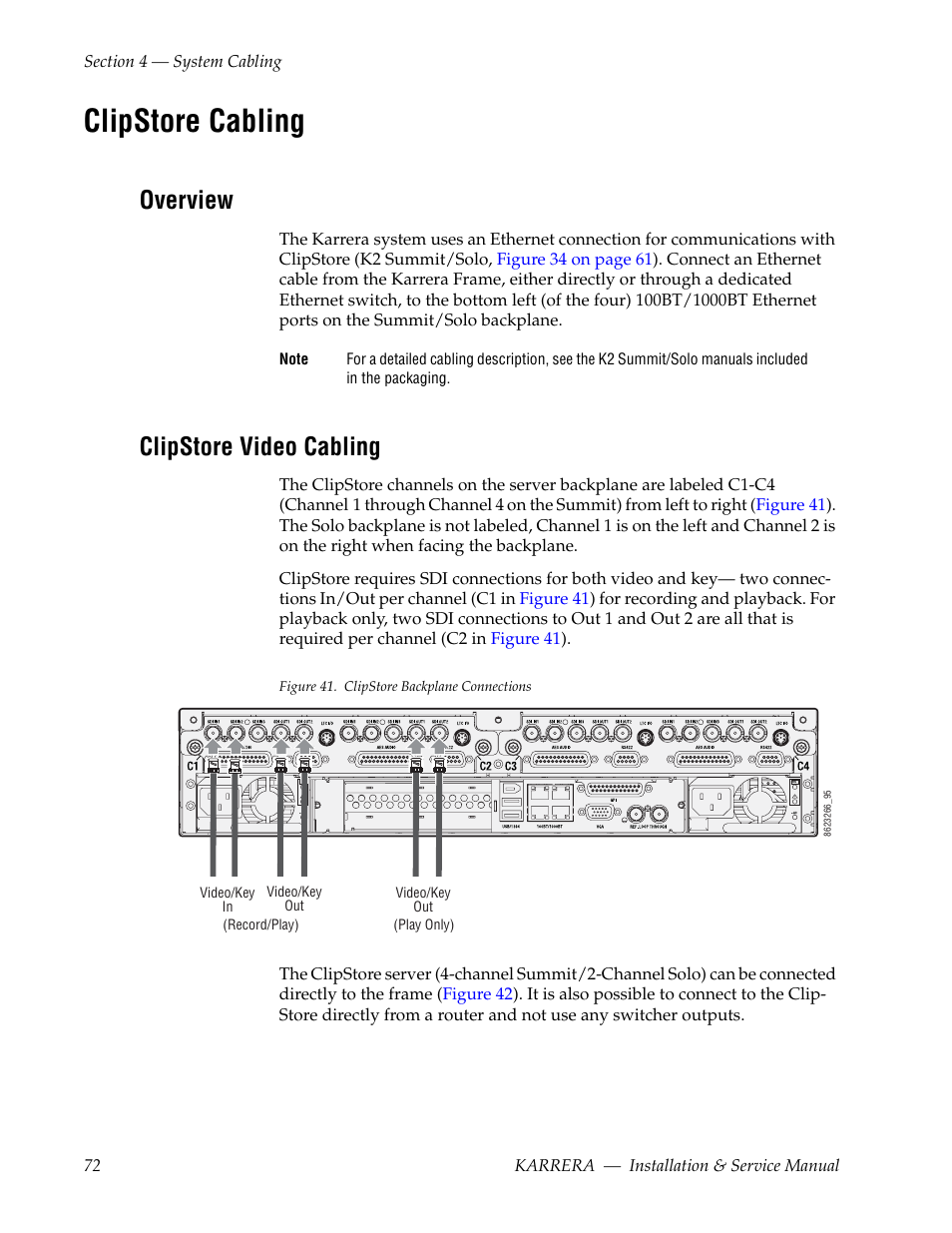 Clipstore cabling, Overview, Clipstore video cabling | Grass Valley Karrera Video Production Center Installation v.4.1 User Manual | Page 72 / 292