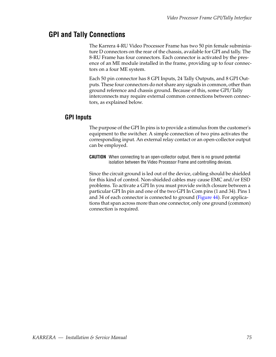 Gpi and tally connections, Gpi inputs | Grass Valley Karrera Video Production Center Installation v.4.1 User Manual | Page 75 / 292