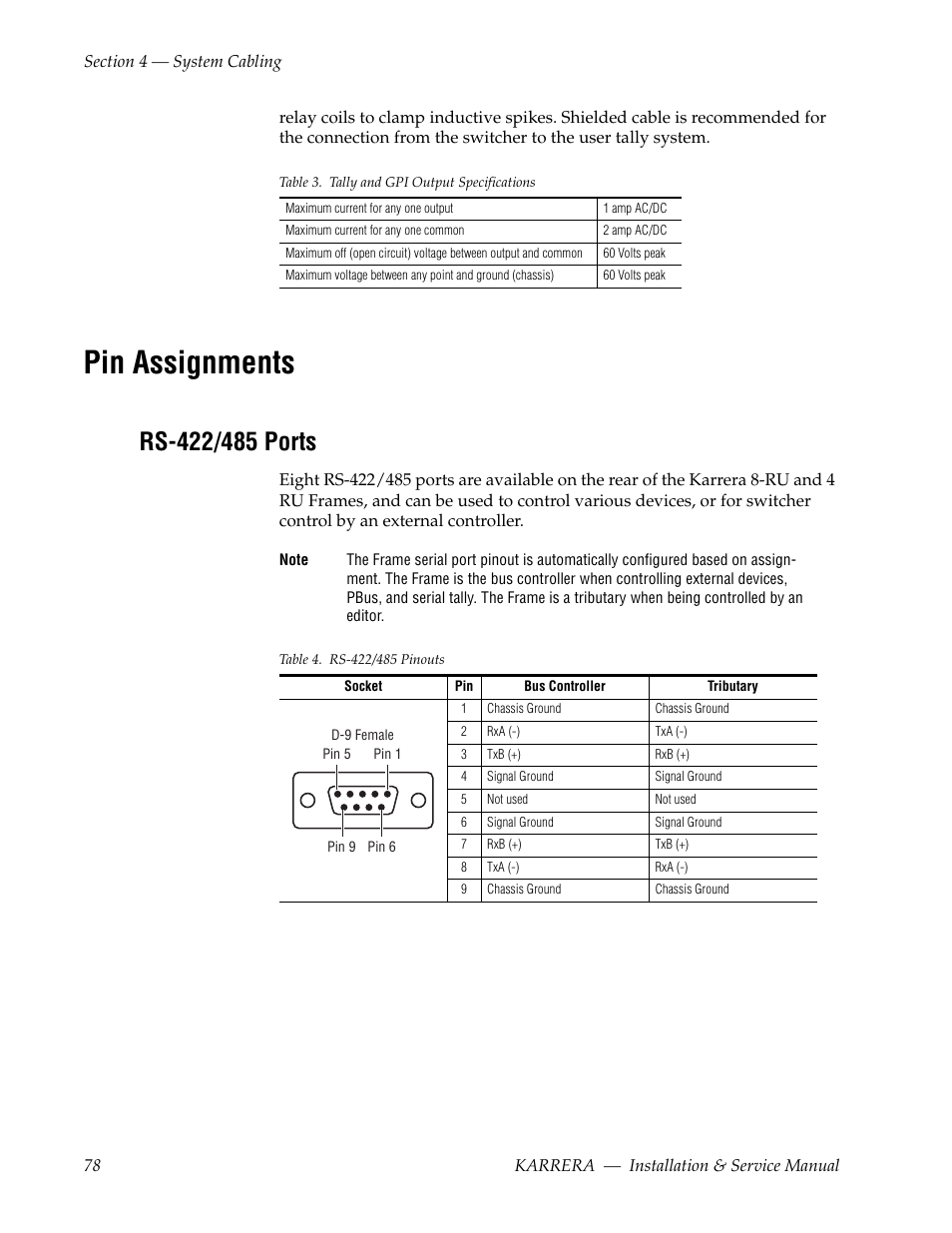 Pin assignments, Rs-422/485 ports | Grass Valley Karrera Video Production Center Installation v.4.1 User Manual | Page 78 / 292