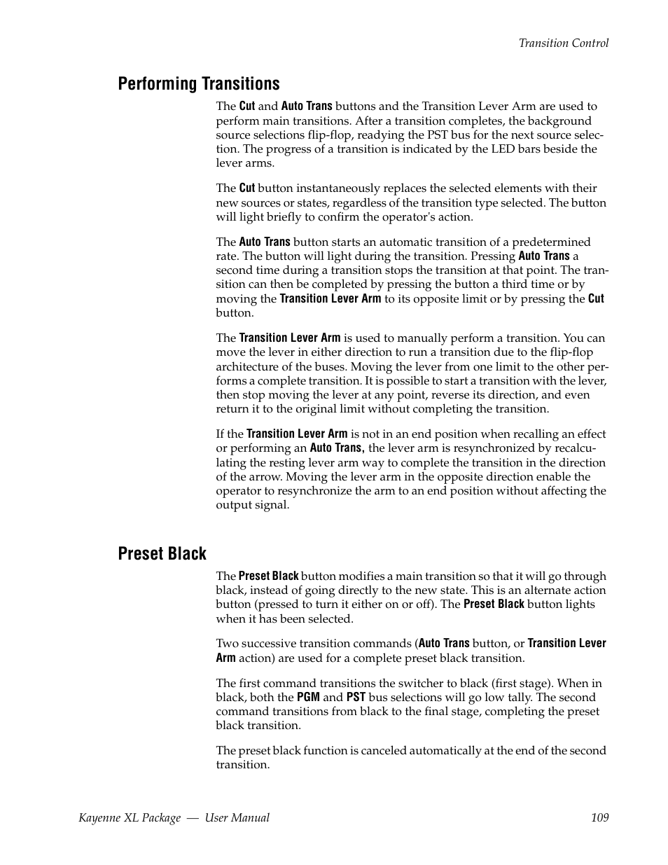 Performing transitions, Preset black | Grass Valley Kayenne XL Package v.7.0.4 User Manual | Page 111 / 663