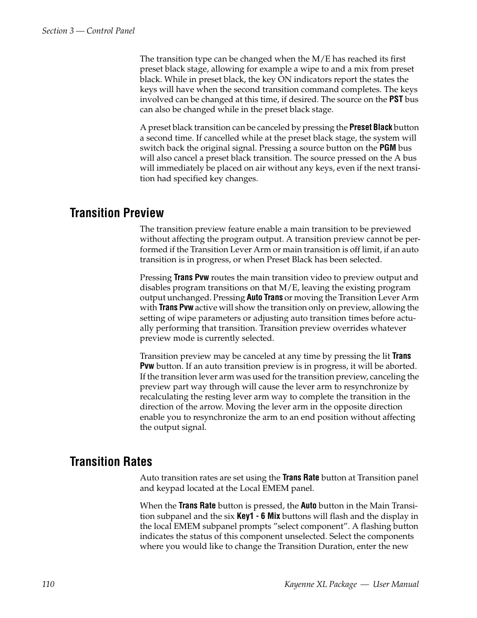 Transition preview, Transition rates | Grass Valley Kayenne XL Package v.7.0.4 User Manual | Page 112 / 663