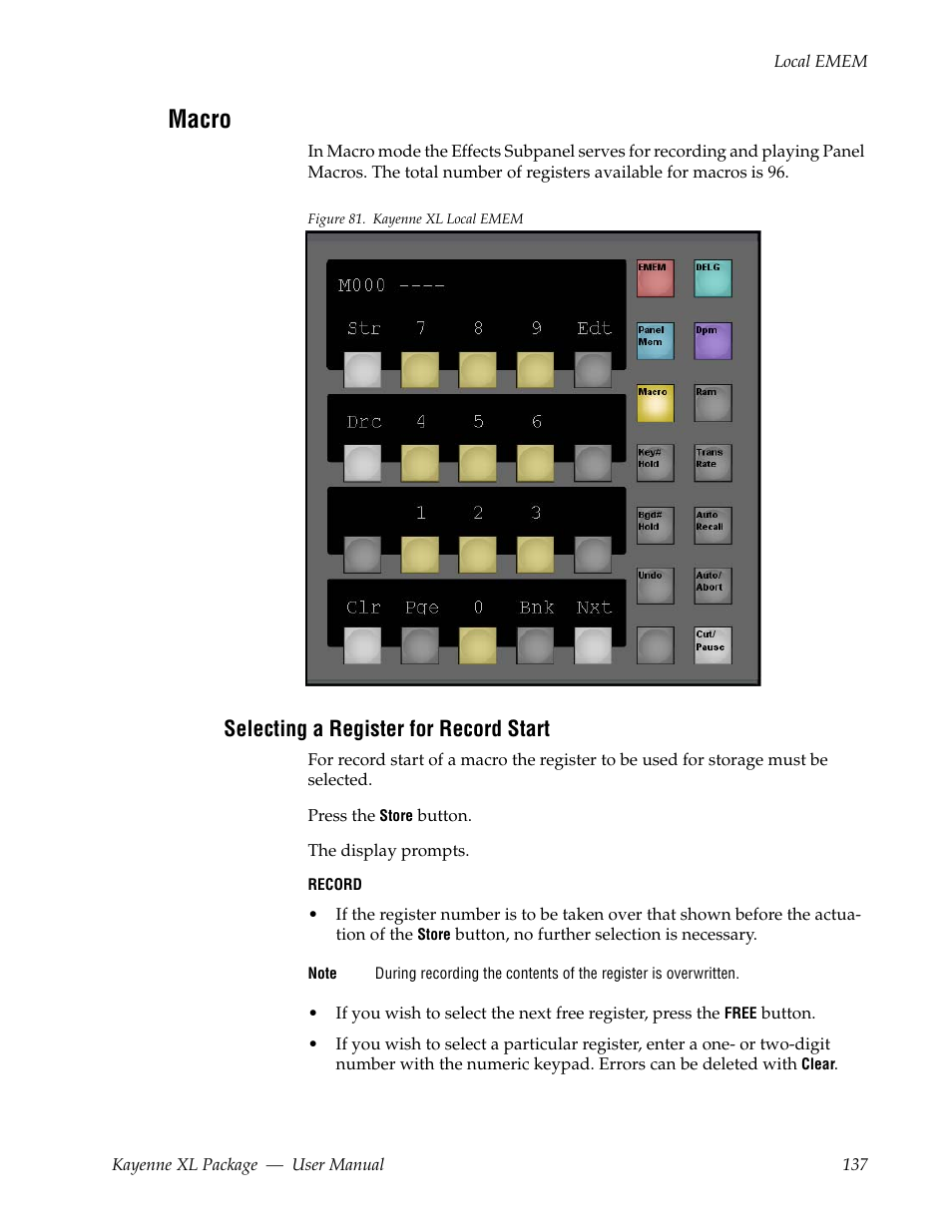 Macro, Selecting a register for record start | Grass Valley Kayenne XL Package v.7.0.4 User Manual | Page 139 / 663