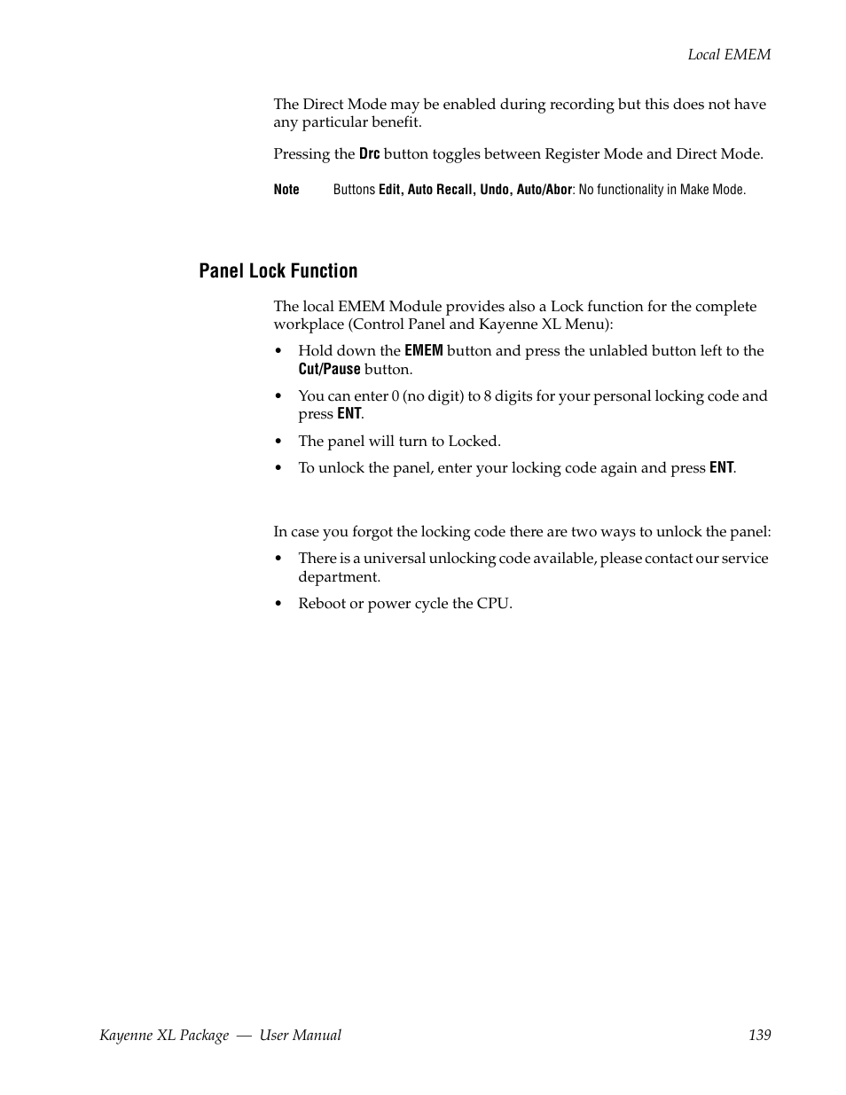 Panel lock function | Grass Valley Kayenne XL Package v.7.0.4 User Manual | Page 141 / 663