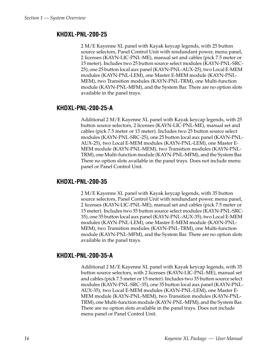 Khdxl-pnl-200-25, Khdxl-pnl-200-25-a, Khdxl-pnl-200-35 | Khdxl-pnl-200-35-a | Grass Valley Kayenne XL Package v.7.0.4 User Manual | Page 18 / 663