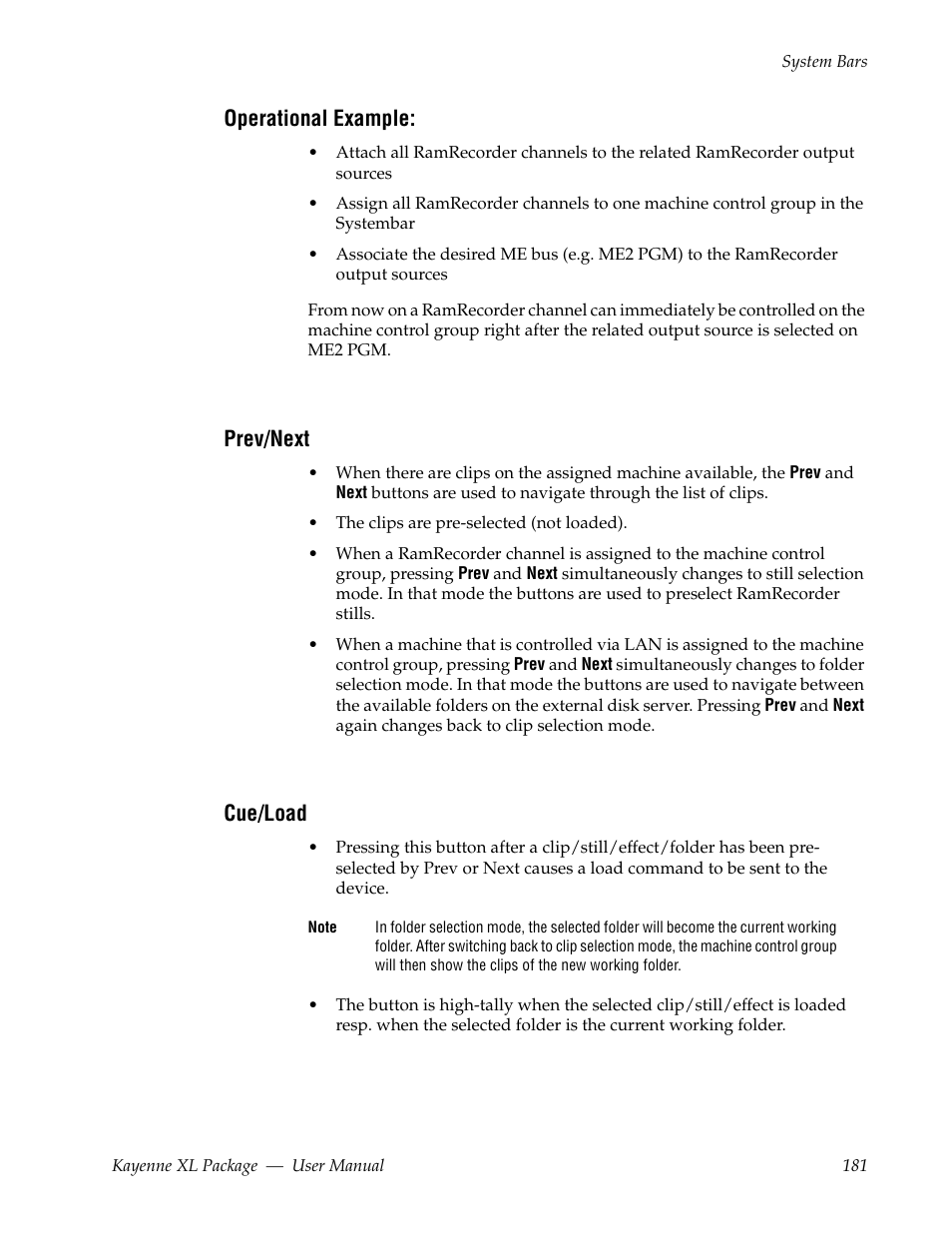 Operational example, Prev/next, Cue/load | Grass Valley Kayenne XL Package v.7.0.4 User Manual | Page 183 / 663