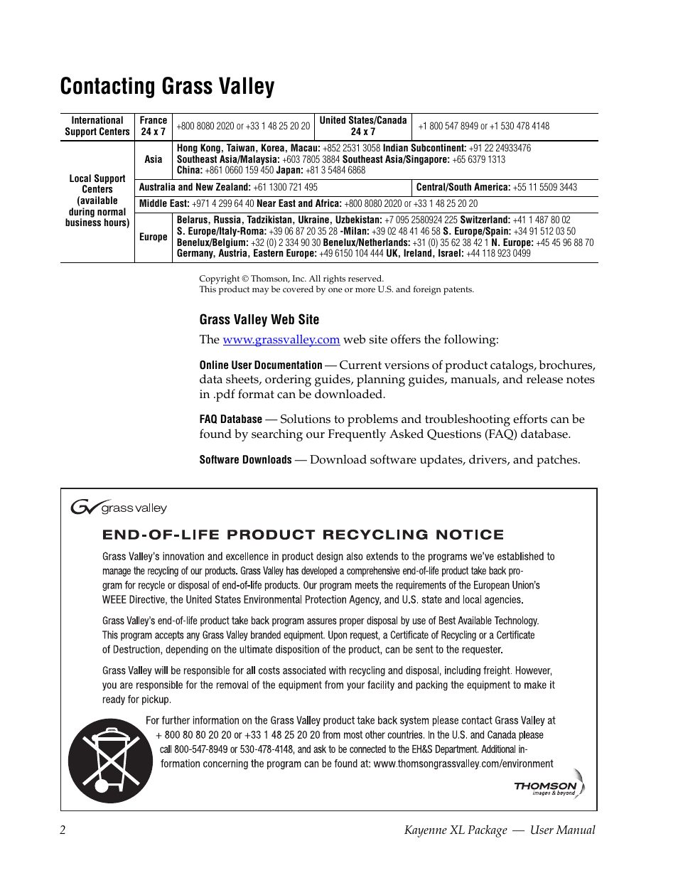 Contacting grass valley | Grass Valley Kayenne XL Package v.7.0.4 User Manual | Page 2 / 663