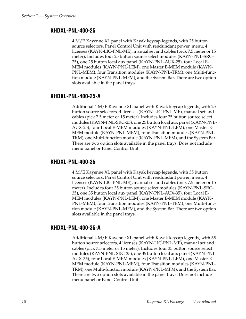 Khdxl-pnl-400-25, Khdxl-pnl-400-25-a, Khdxl-pnl-400-35 | Khdxl-pnl-400-35-a | Grass Valley Kayenne XL Package v.7.0.4 User Manual | Page 20 / 663