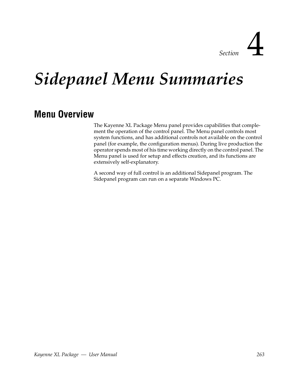 Sidepanel menu summaries, Menu overview, Section 4 — sidepanel menu summaries | Grass Valley Kayenne XL Package v.7.0.4 User Manual | Page 265 / 663