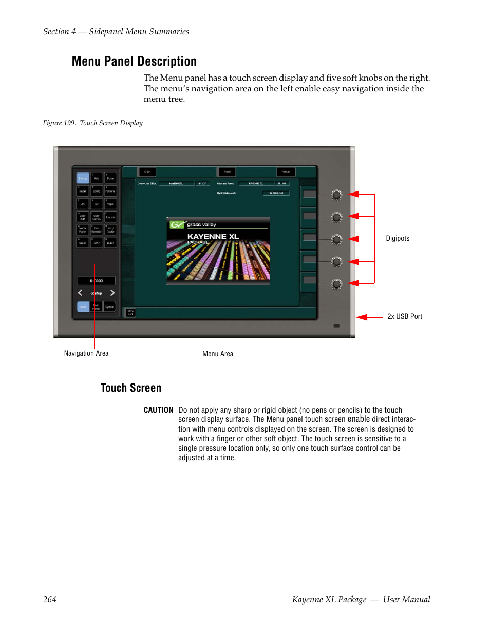 Menu panel description, Touch screen | Grass Valley Kayenne XL Package v.7.0.4 User Manual | Page 266 / 663