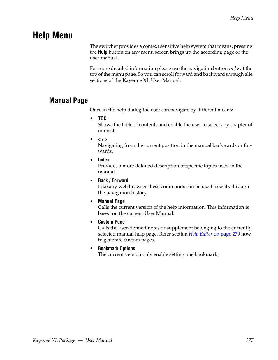 Help menu, Manual page | Grass Valley Kayenne XL Package v.7.0.4 User Manual | Page 279 / 663