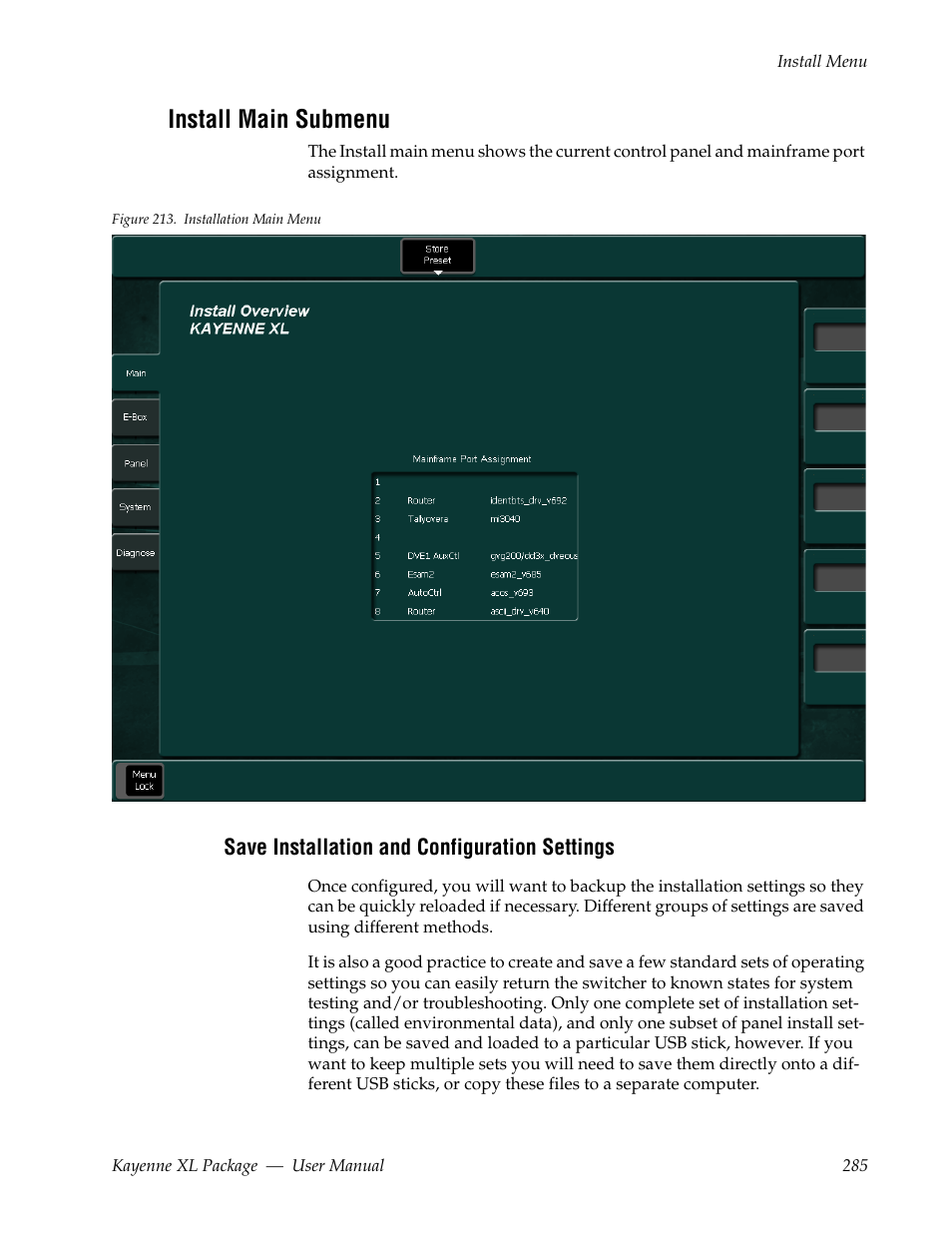 Install main submenu, Save installation and configuration settings | Grass Valley Kayenne XL Package v.7.0.4 User Manual | Page 287 / 663