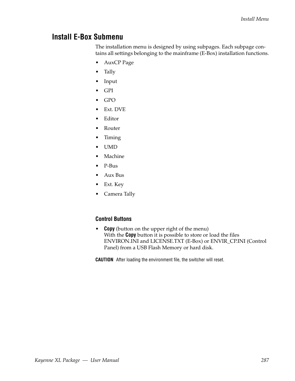 Install e-box submenu | Grass Valley Kayenne XL Package v.7.0.4 User Manual | Page 289 / 663