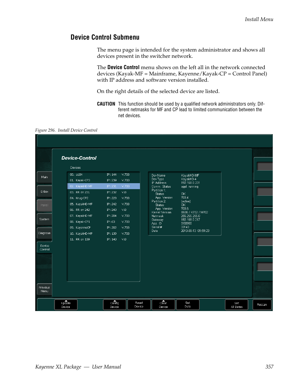 Device control submenu | Grass Valley Kayenne XL Package v.7.0.4 User Manual | Page 359 / 663