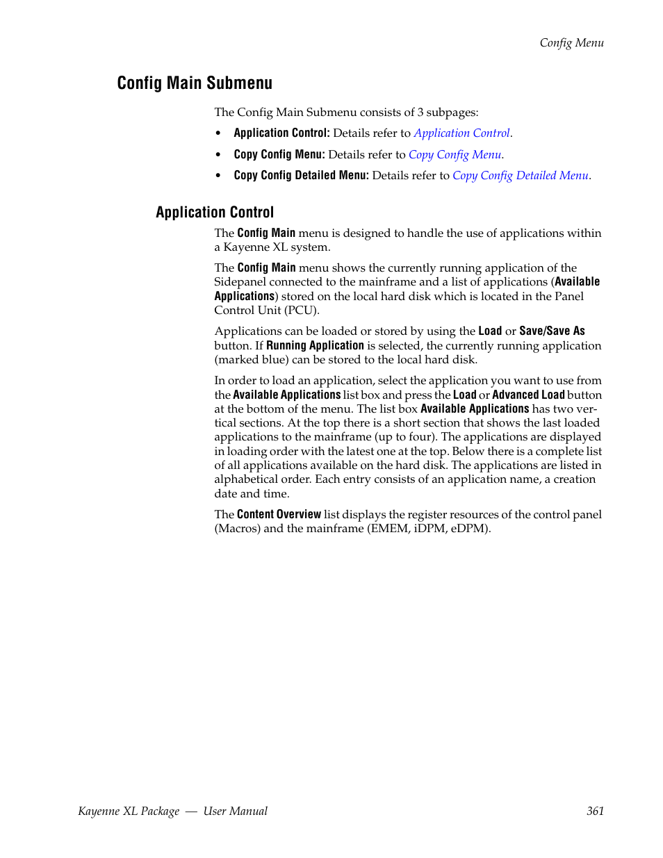 Config main submenu, Application control | Grass Valley Kayenne XL Package v.7.0.4 User Manual | Page 363 / 663