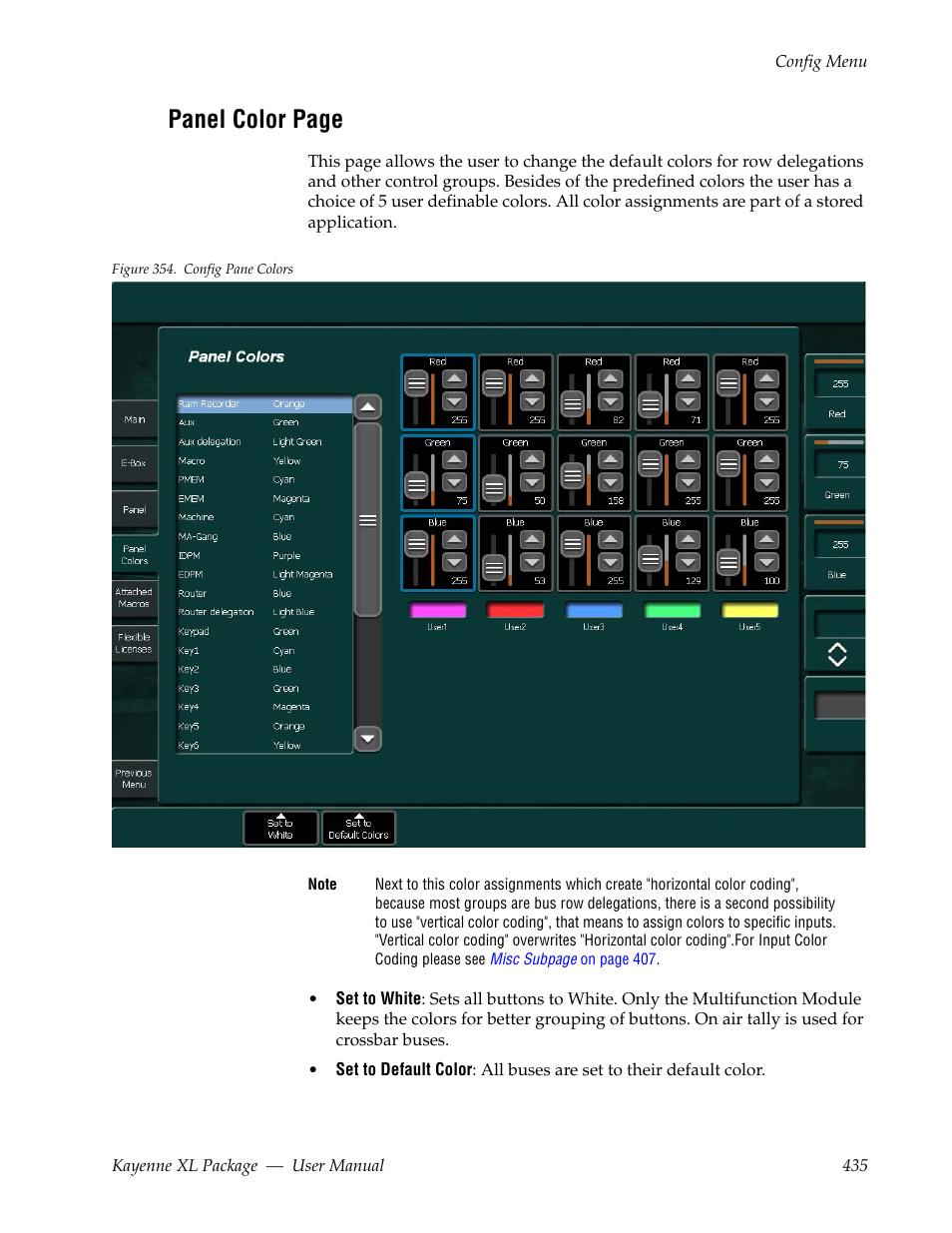 Panel color page | Grass Valley Kayenne XL Package v.7.0.4 User Manual | Page 437 / 663