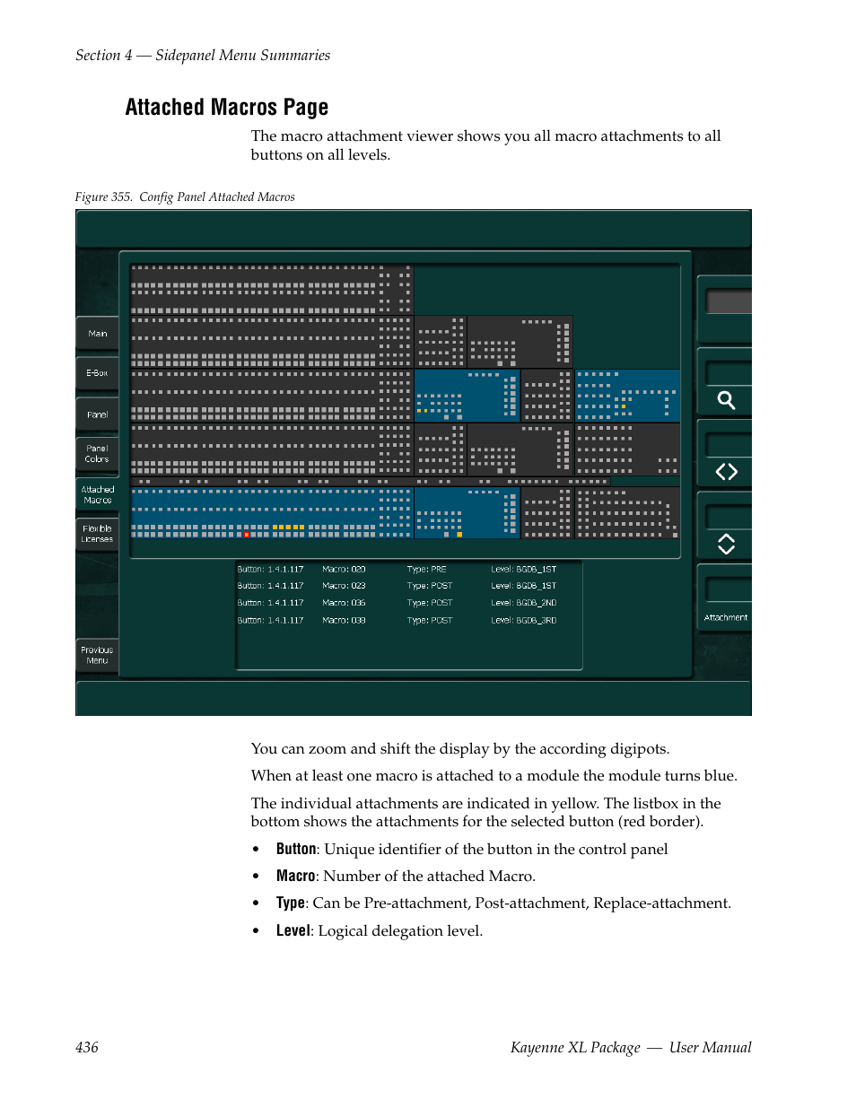 Attached macros page | Grass Valley Kayenne XL Package v.7.0.4 User Manual | Page 438 / 663