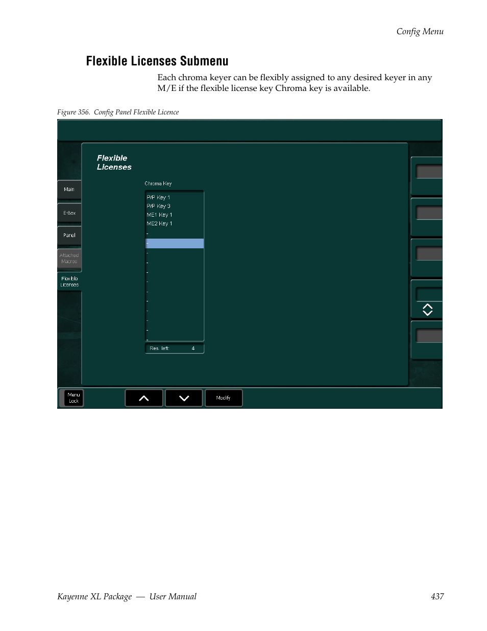 Flexible licenses submenu | Grass Valley Kayenne XL Package v.7.0.4 User Manual | Page 439 / 663