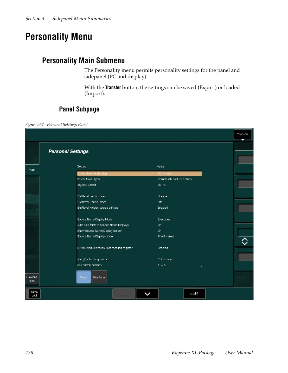 Personality menu, Personality main submenu, Panel | Is se | Grass Valley Kayenne XL Package v.7.0.4 User Manual | Page 440 / 663