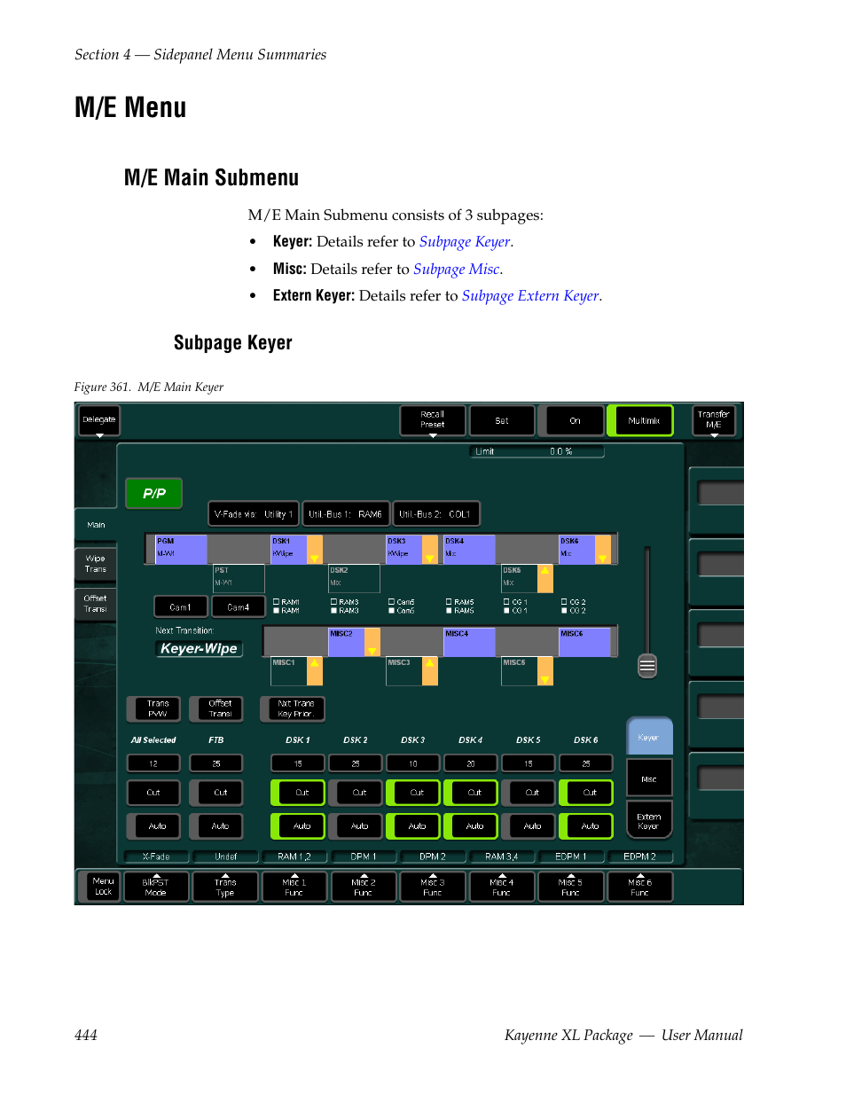 M/e menu, M/e main submenu | Grass Valley Kayenne XL Package v.7.0.4 User Manual | Page 446 / 663