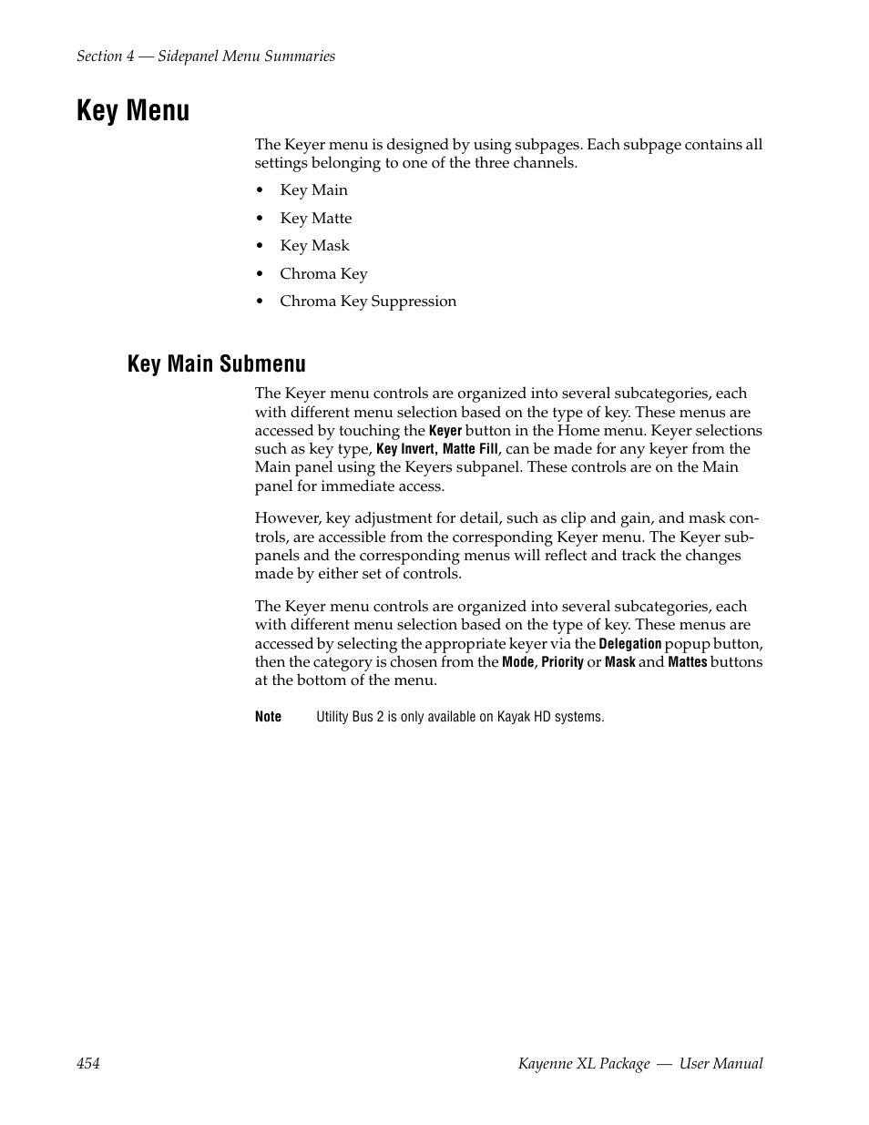 Key menu, Key main submenu | Grass Valley Kayenne XL Package v.7.0.4 User Manual | Page 456 / 663