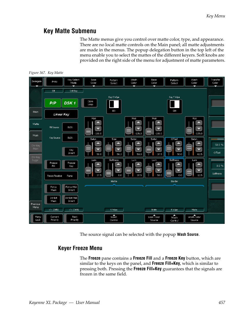 Key matte submenu, Keyer freeze menu | Grass Valley Kayenne XL Package v.7.0.4 User Manual | Page 459 / 663