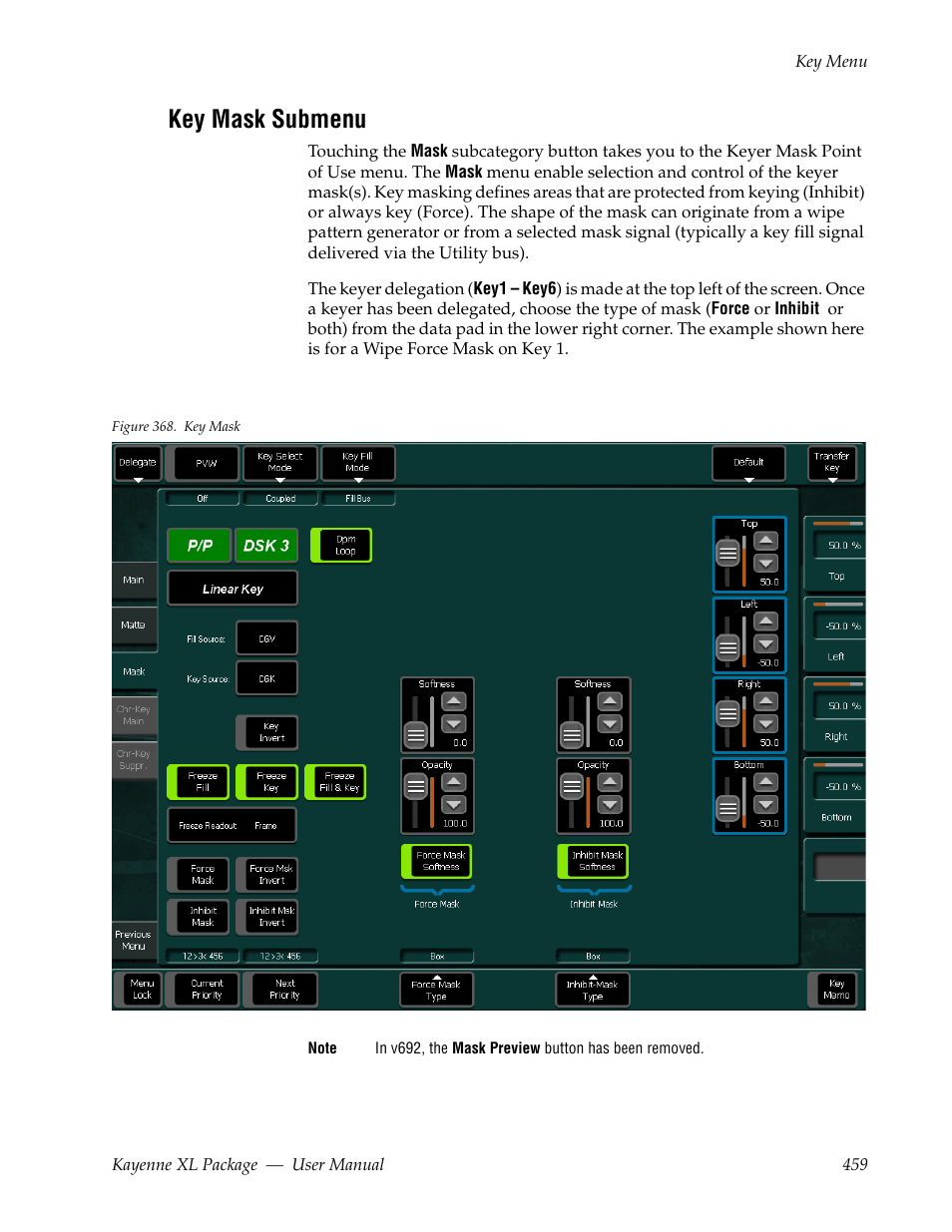 Key mask submenu | Grass Valley Kayenne XL Package v.7.0.4 User Manual | Page 461 / 663