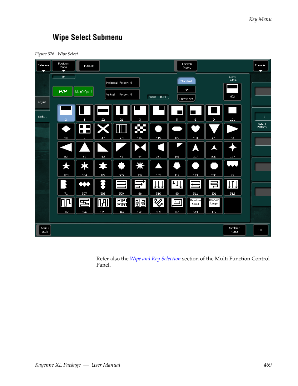 Wipe select submenu | Grass Valley Kayenne XL Package v.7.0.4 User Manual | Page 471 / 663