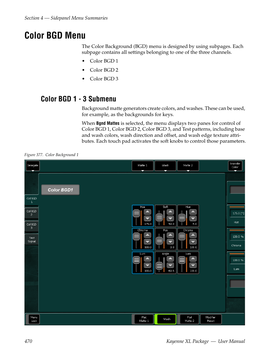 Color bgd menu, Color bgd 1 - 3 submenu | Grass Valley Kayenne XL Package v.7.0.4 User Manual | Page 472 / 663