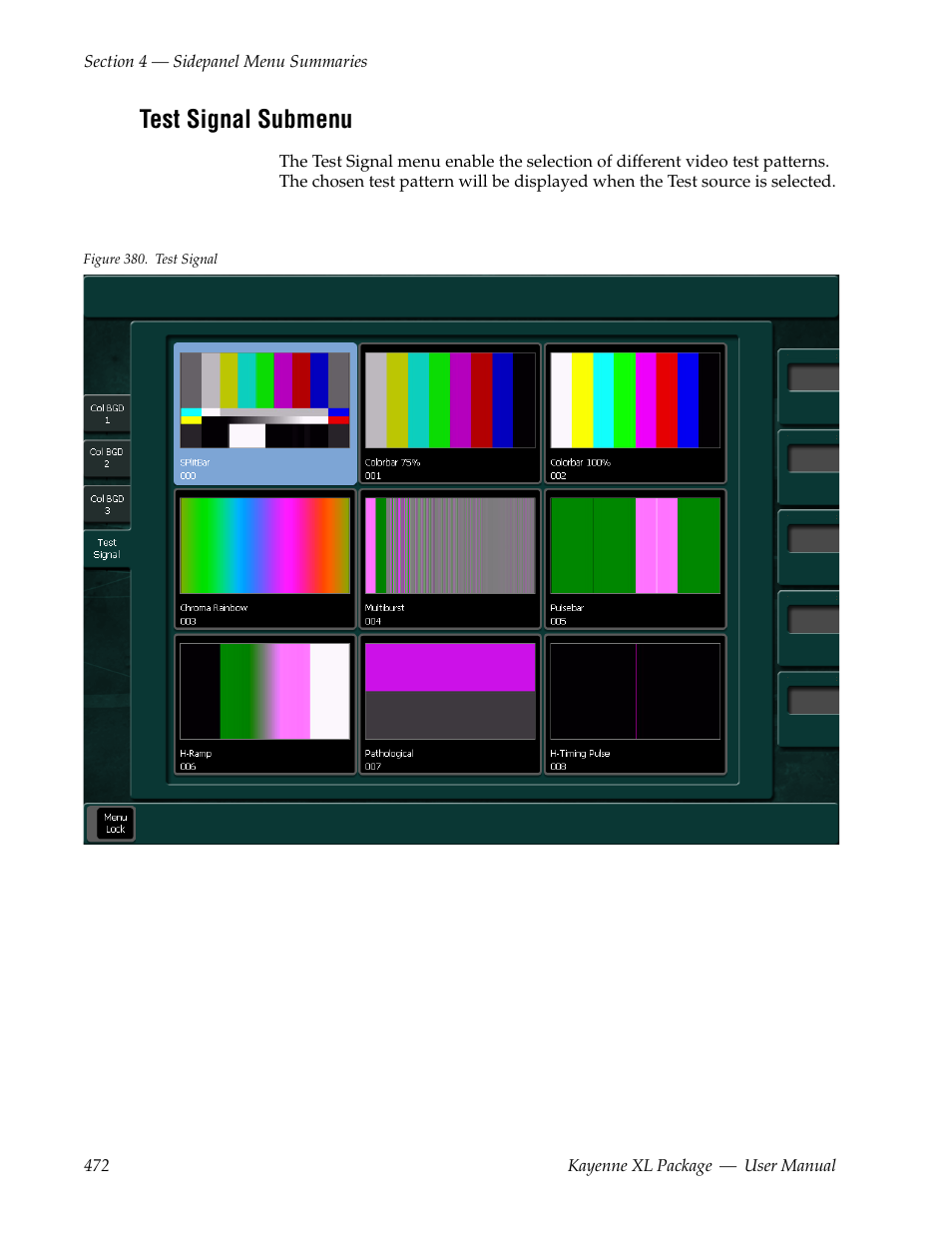 Test signal submenu | Grass Valley Kayenne XL Package v.7.0.4 User Manual | Page 474 / 663
