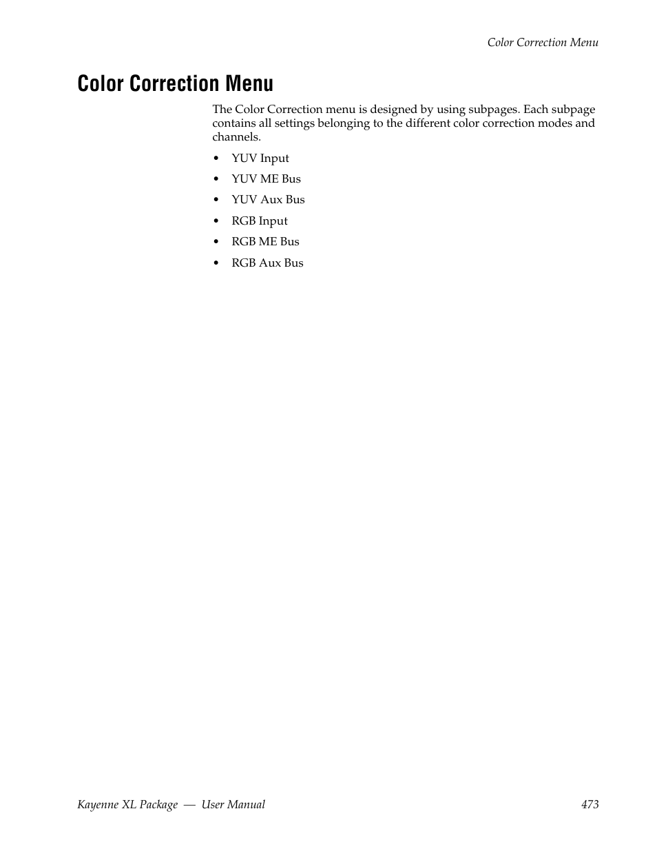 Color correction menu | Grass Valley Kayenne XL Package v.7.0.4 User Manual | Page 475 / 663