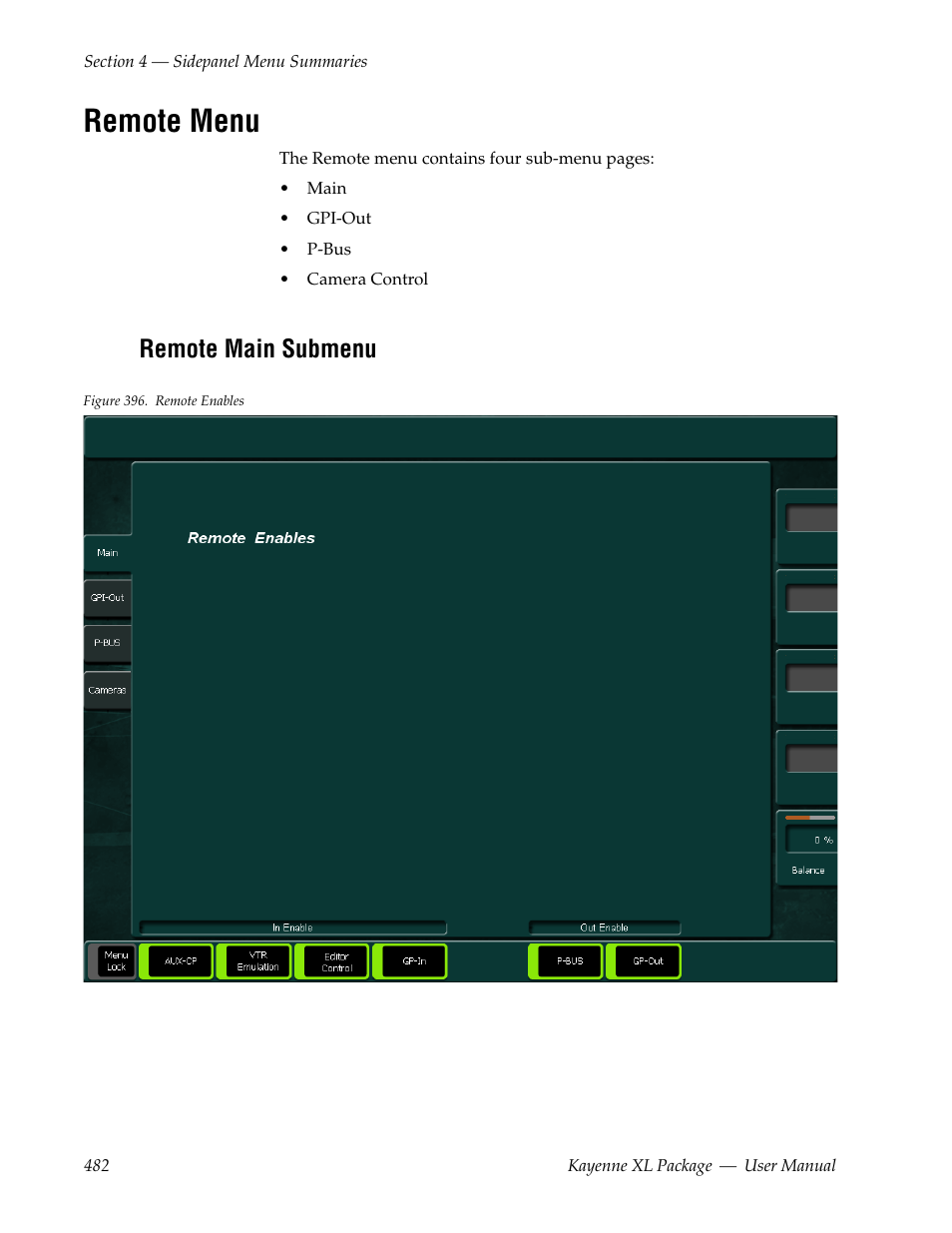 Remote menu, Remote main submenu | Grass Valley Kayenne XL Package v.7.0.4 User Manual | Page 484 / 663