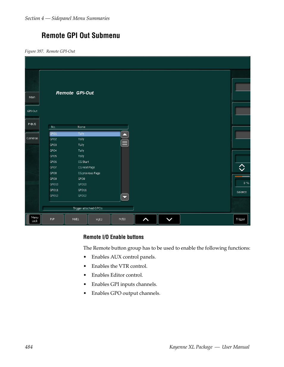 Remote gpi out submenu | Grass Valley Kayenne XL Package v.7.0.4 User Manual | Page 486 / 663