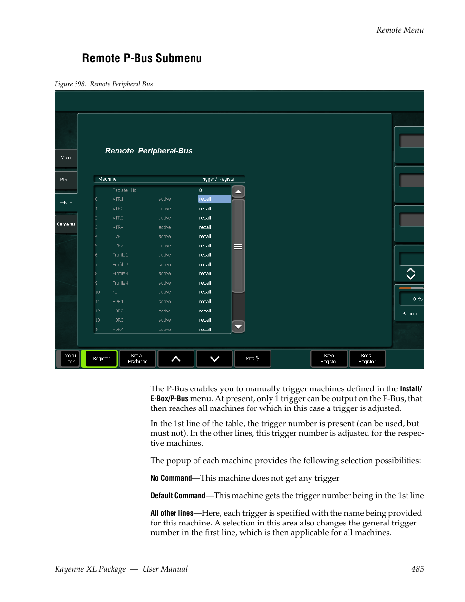 Remote p-bus submenu | Grass Valley Kayenne XL Package v.7.0.4 User Manual | Page 487 / 663