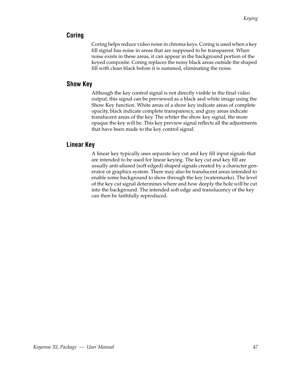 Coring, Show key, Linear key | Grass Valley Kayenne XL Package v.7.0.4 User Manual | Page 49 / 663