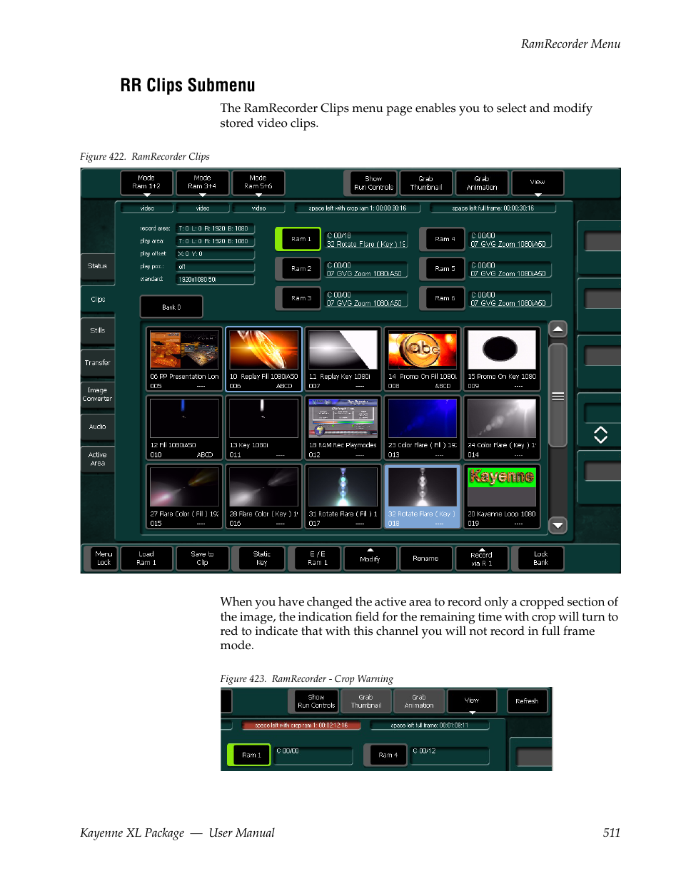 Rr clips submenu | Grass Valley Kayenne XL Package v.7.0.4 User Manual | Page 513 / 663