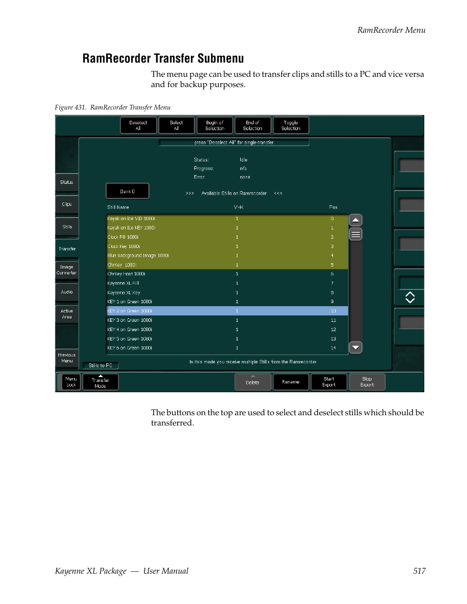 Ramrecorder transfer submenu | Grass Valley Kayenne XL Package v.7.0.4 User Manual | Page 519 / 663