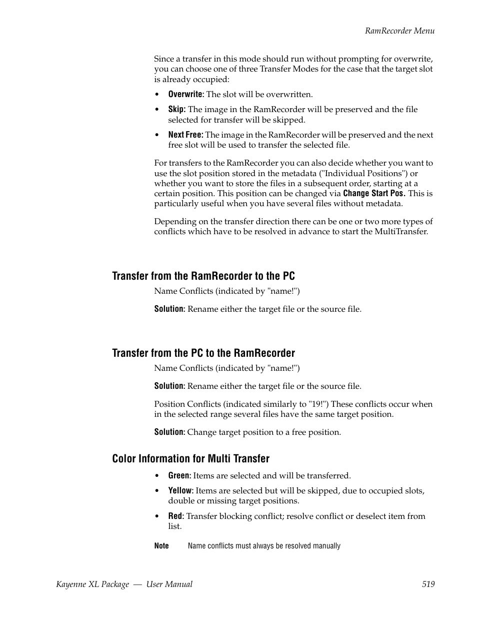 Transfer from the ramrecorder to the pc, Transfer from the pc to the ramrecorder, Color information for multi transfer | Grass Valley Kayenne XL Package v.7.0.4 User Manual | Page 521 / 663