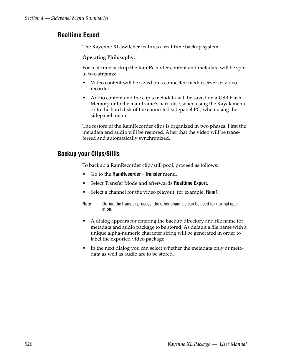 Realtime export, Backup your clips/stills | Grass Valley Kayenne XL Package v.7.0.4 User Manual | Page 522 / 663