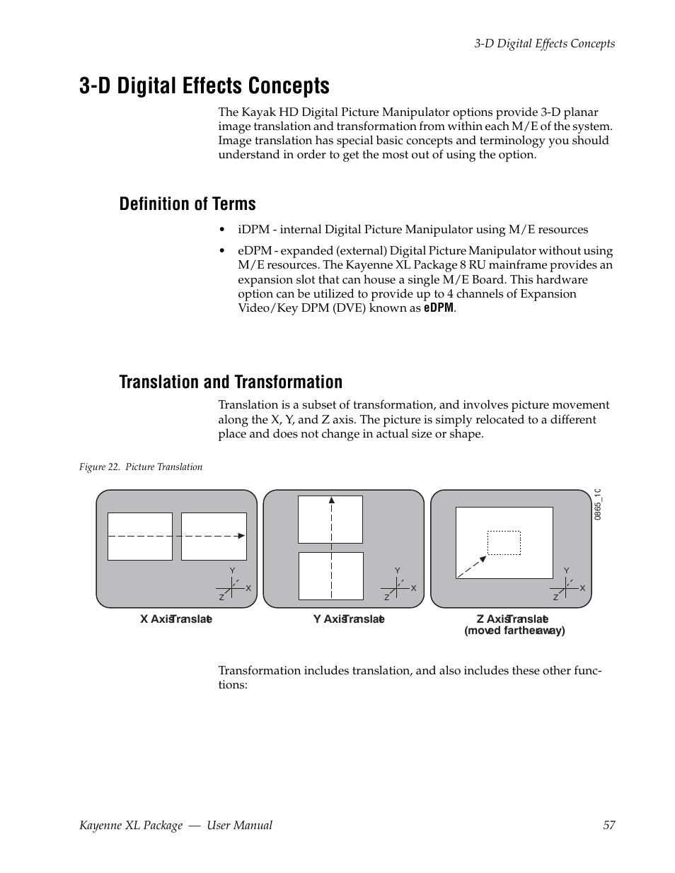 D digital effects concepts, Definition of terms, Translation and transformation | Grass Valley Kayenne XL Package v.7.0.4 User Manual | Page 59 / 663