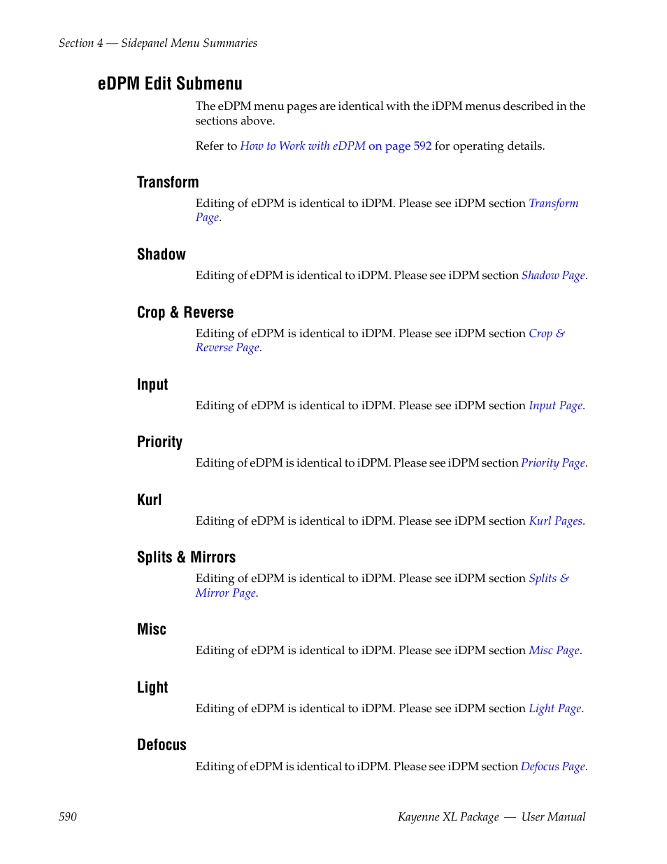 Edpm edit submenu, Transform, Shadow | Crop & reverse, Input, Priority, Kurl, Splits & mirrors, Misc, Light | Grass Valley Kayenne XL Package v.7.0.4 User Manual | Page 592 / 663