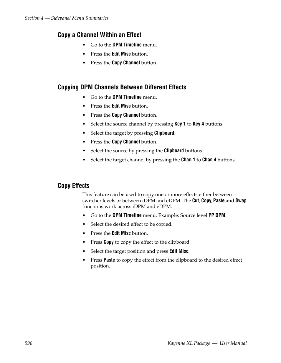 Copy a channel within an effect, Copying dpm channels between different effects, Copy effects | Grass Valley Kayenne XL Package v.7.0.4 User Manual | Page 598 / 663