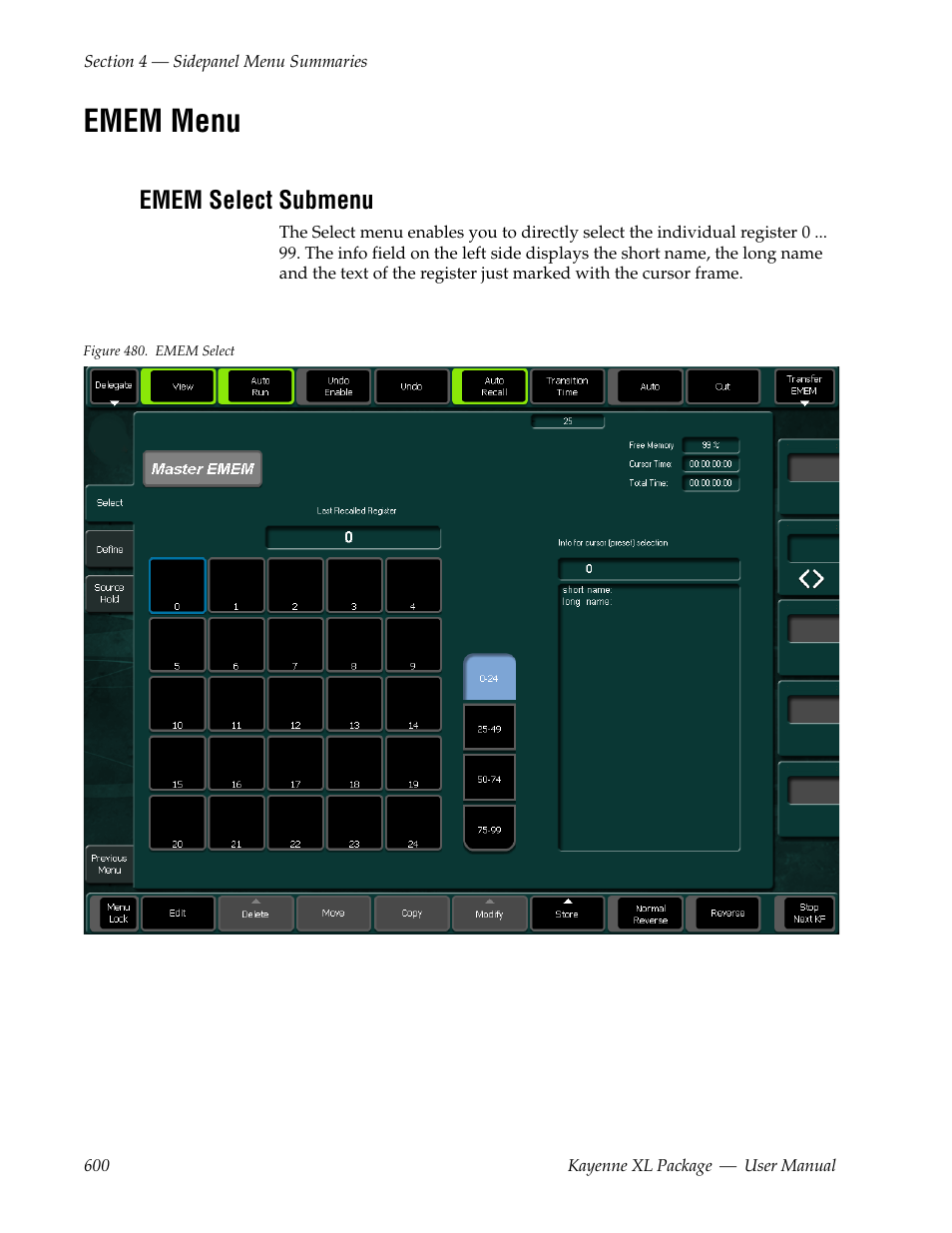 Emem menu, Emem select submenu | Grass Valley Kayenne XL Package v.7.0.4 User Manual | Page 602 / 663